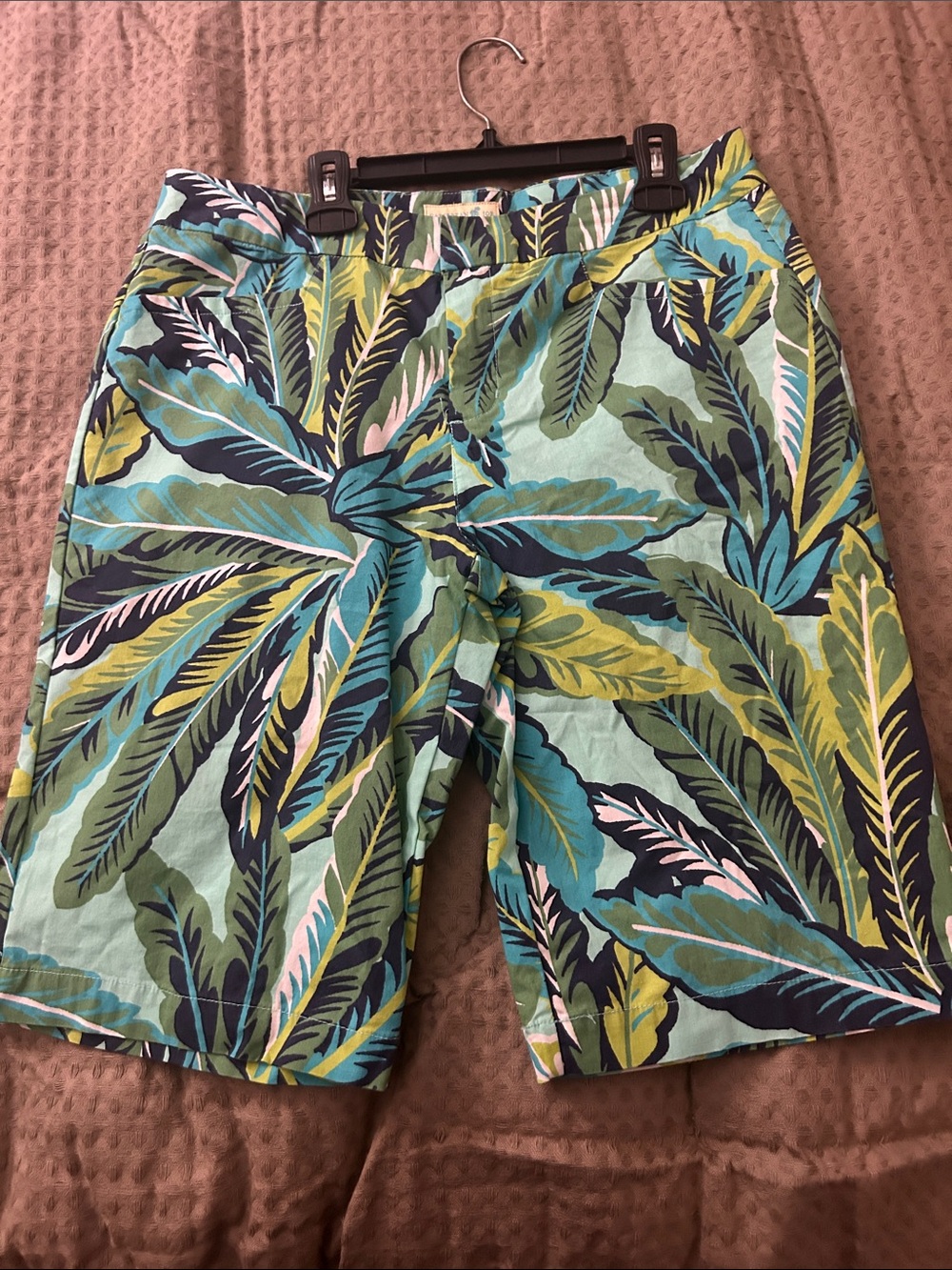 Caribbean Joe Tropical Leaf Bermuda Shorts in Aqua, Teal & Lime